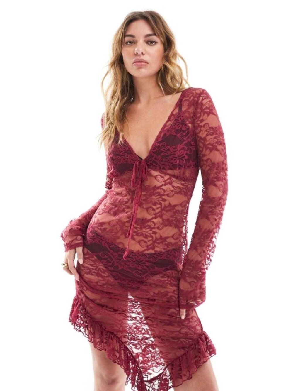 NWOT Miss Selfridge Burgundy Frill Detail Asymmetrical Hem Midi Dress